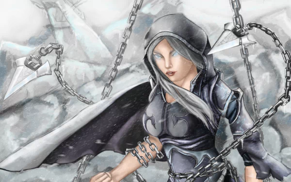 armor white hair chain woman warrior fantasy HD Desktop Wallpaper | Background Image