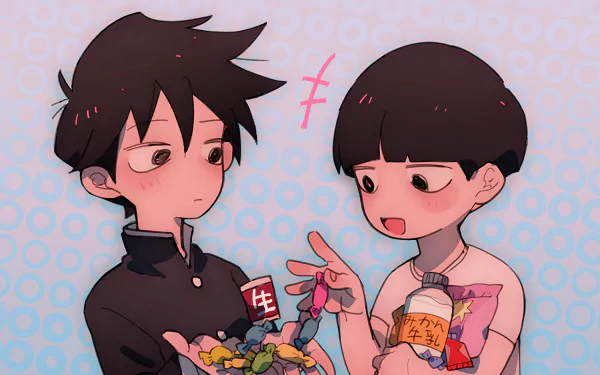 An HD wallpaper featuring Ritsu Kageyama and Shigeo Kageyama from the anime Mob Psycho 100, capturing a playful moment as they share colorful items.