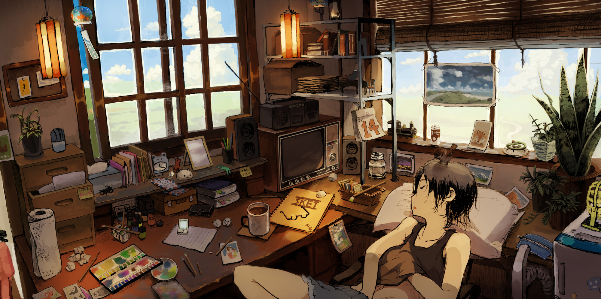 Download 1366x768 Anime Friendship Room Cozy Night Lamp Lights  Wallpapers for LaptopNotebook