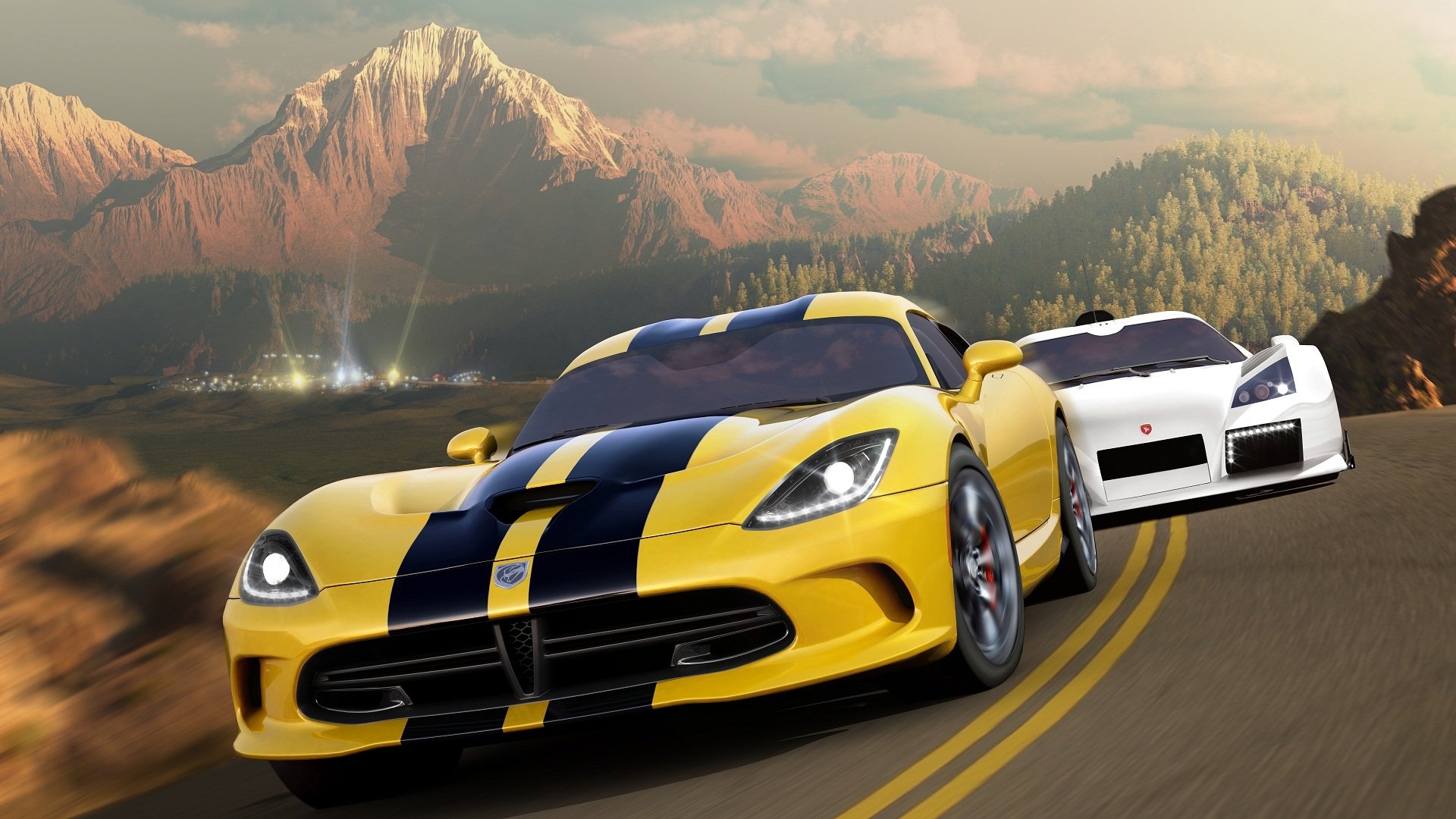 Yellow and white sports cars racing down a winding mountain road at sunset, Forza Horizon video game HD PC desktop wallpaper.