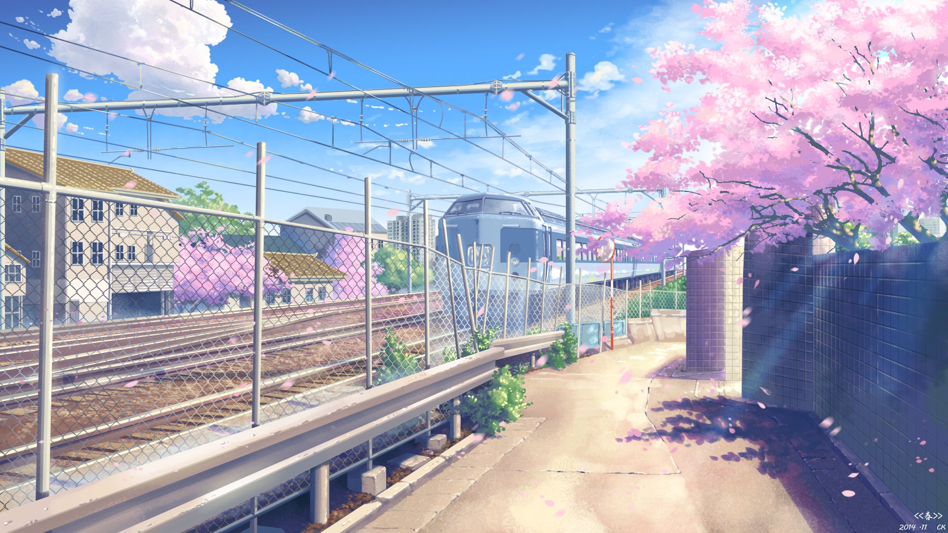 A serene anime scene of spring, featuring vibrant sakura cherry blossoms along a train track, blending nature and urban elements in a colorful HD wallpaper.