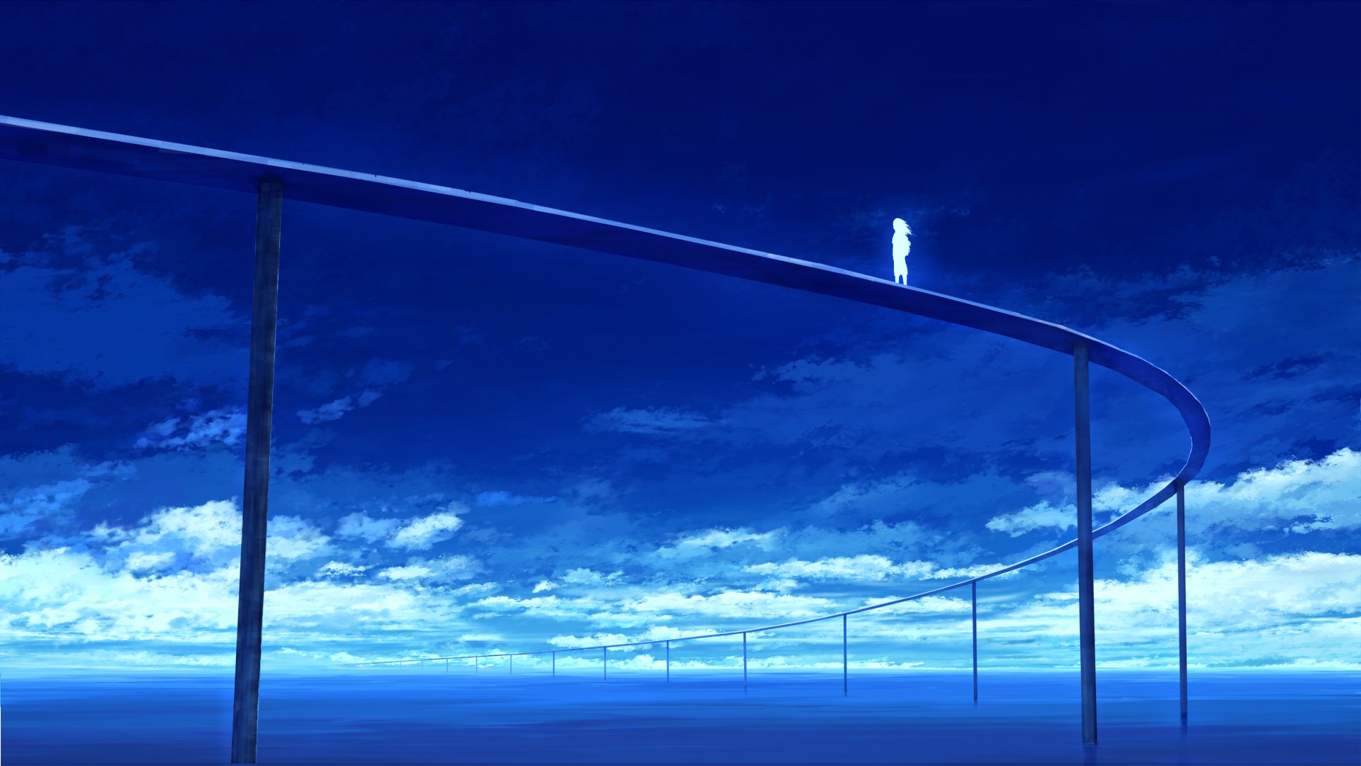HD anime original desktop wallpaper featuring a glowing figure standing on a curved elevated path against a deep blue sky with clouds.