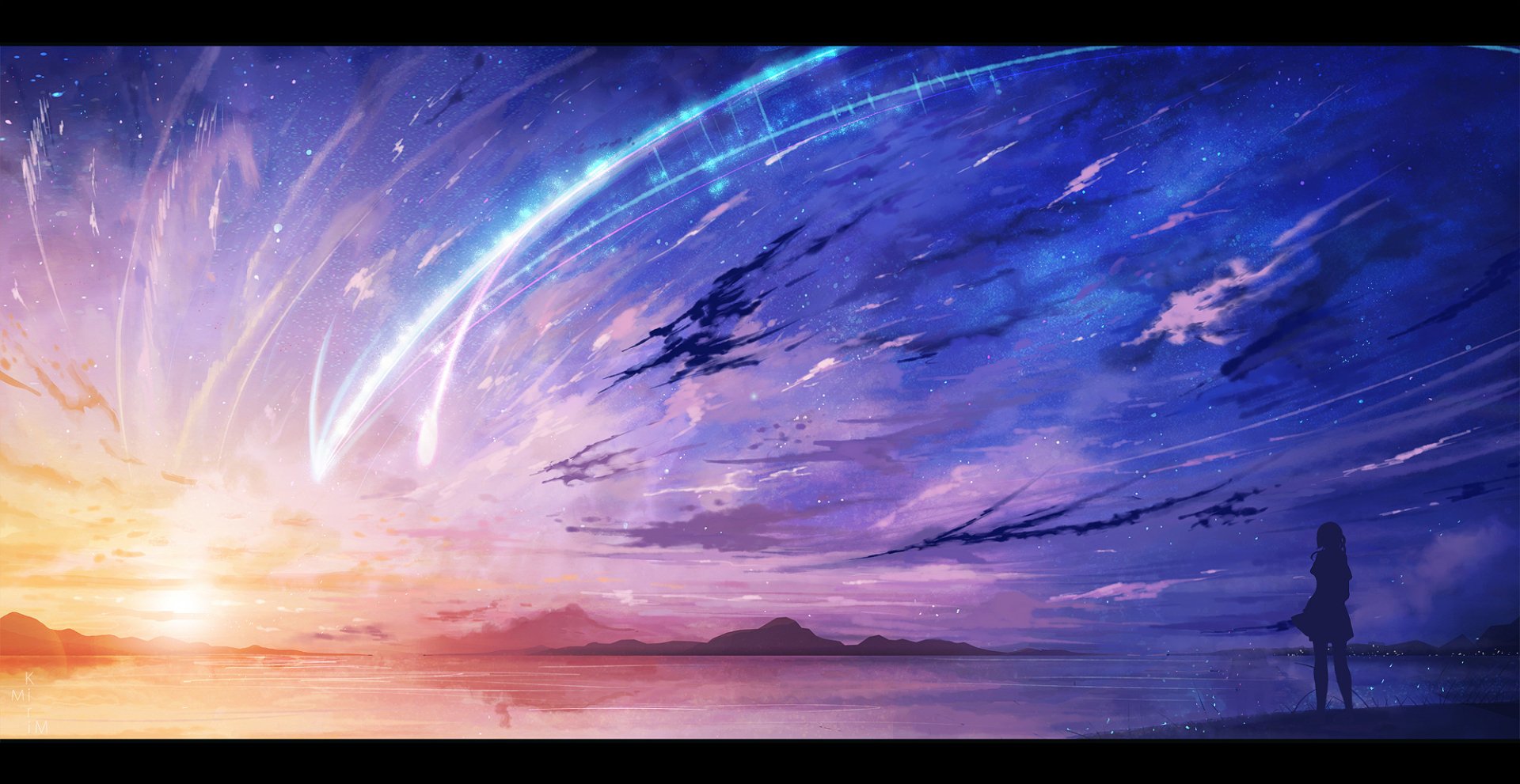 HD anime wallpaper from Your Name., featuring Mitsuha Miyamizu gazing at a stunning sky with shooting stars over a serene landscape at sunset.