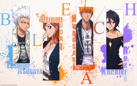 HD anime desktop wallpaper featuring Bleach characters Tōshirō Hitsugaya, Orihime Inoue, Ichigo Kurosaki, and Rukia Kuchiki with vibrant paint splash backgrounds.