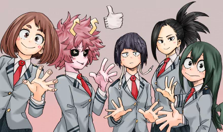Five characters from My Hero Academia—Tsuyu Asui, Momo Yaoyorozu, Kyōka Jirō, Toru Hagakure, and Mina Ashido—smile and pose in a vibrant, HD anime wallpaper.