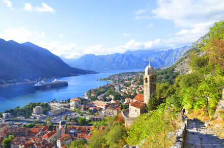 river landscape Montenegro cruise ship man made town HD Desktop Wallpaper | Background Image