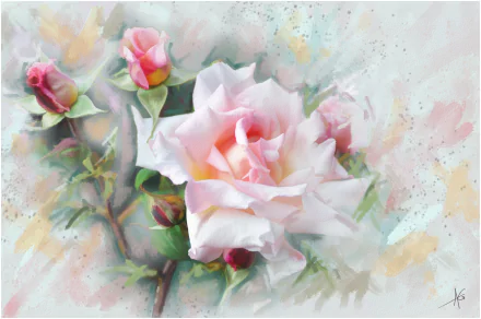 A soft watercolor painting featuring a pink rose and buds, showcasing delicate petals and lush greenery, creates a tranquil and artistic backdrop for desktop use.