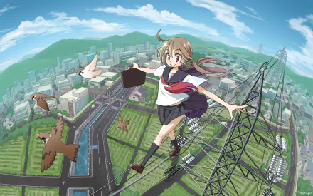 Anime-style original HD desktop wallpaper featuring a girl in a school uniform balancing on a power line tower above a detailed cityscape with birds flying around.