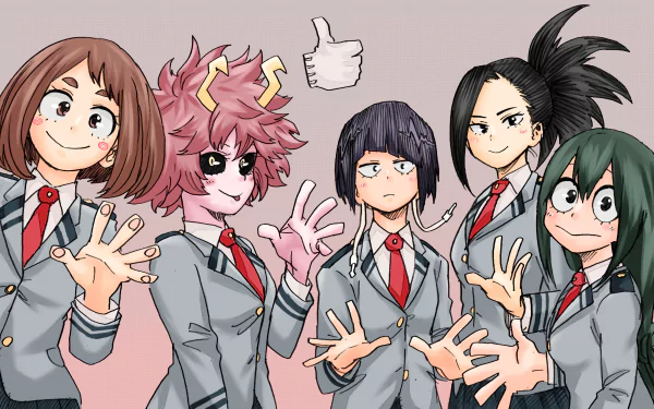 Five characters from My Hero Academia—Tsuyu Asui, Momo Yaoyorozu, Kyōka Jirō, Toru Hagakure, and Mina Ashido—smile and pose in a vibrant, HD anime wallpaper.