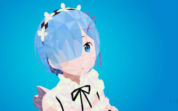 A vibrant 4K Ultra HD image featuring Rem from Re:Zero, showcasing her blue hair, blue eyes, and a stylish headband against a bright blue background.