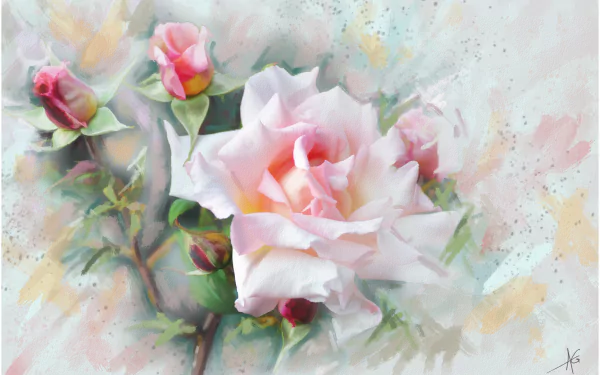 A soft watercolor painting featuring a pink rose and buds, showcasing delicate petals and lush greenery, creates a tranquil and artistic backdrop for desktop use.