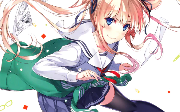 Eriri Spencer Sawamura from Saekano: How to Raise a Boring Girlfriend, smiling with blush, wearing a school uniform and pantyhose, featuring long blonde twintails and blue eyes.