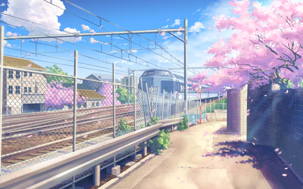 A serene anime scene of spring, featuring vibrant sakura cherry blossoms along a train track, blending nature and urban elements in a colorful HD wallpaper.