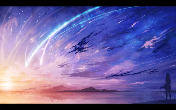 HD anime wallpaper from Your Name., featuring Mitsuha Miyamizu gazing at a stunning sky with shooting stars over a serene landscape at sunset.