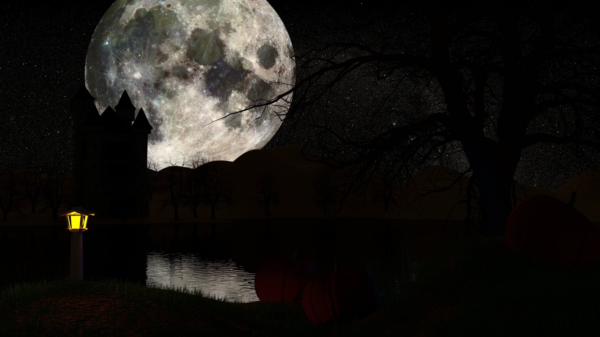 Full Moon over Lake on Halloween HD Wallpaper Background Image