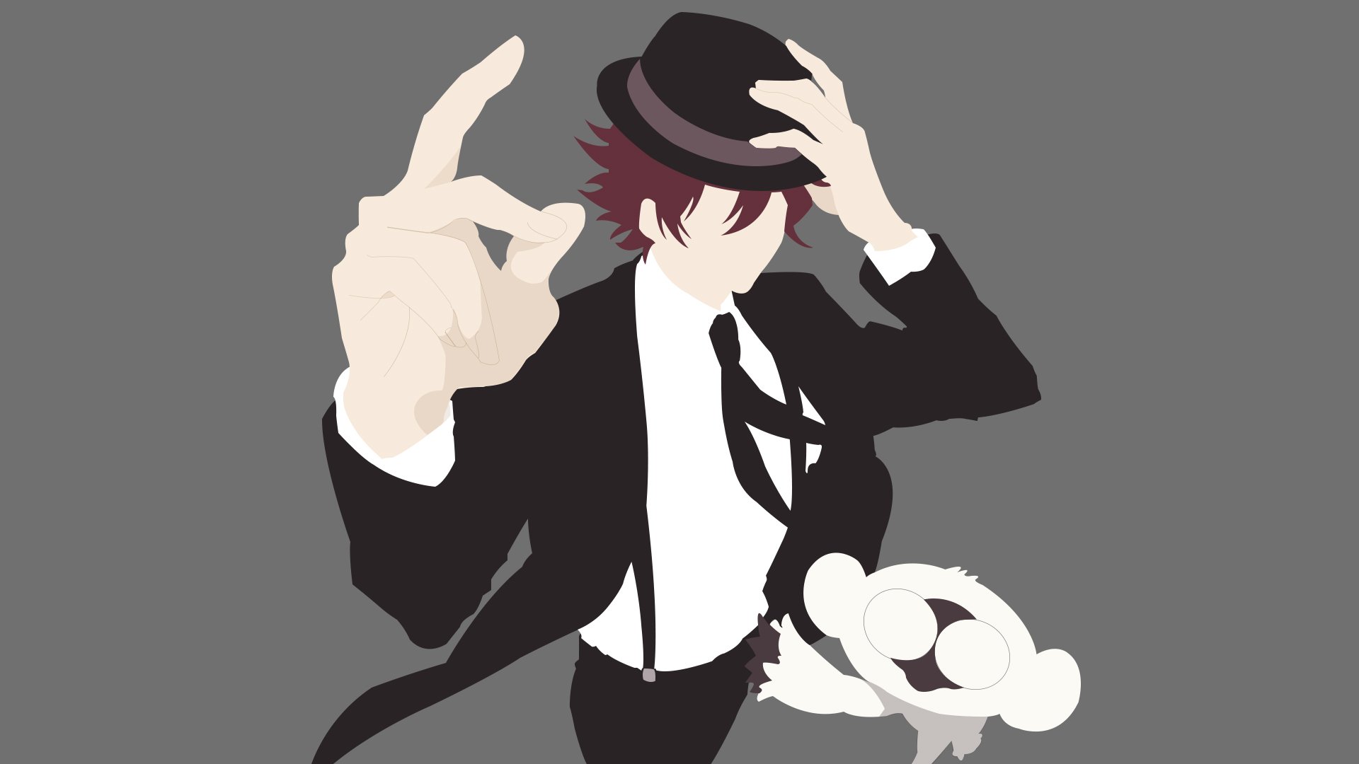 Minimalist HD PC desktop wallpaper of Leonardo Watch from the anime Blood Blockade Battlefront, featuring him in a suit and hat against a gray background.