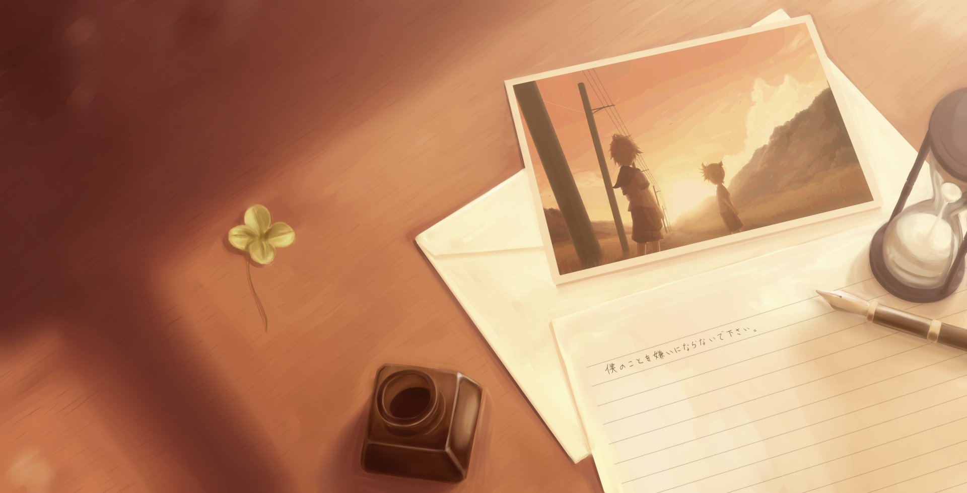 A serene anime-style desktop wallpaper featuring Rin and Len Kagamine from Vocaloid, with warm tones and nostalgic elements like a photo, ink bottle, and letter.