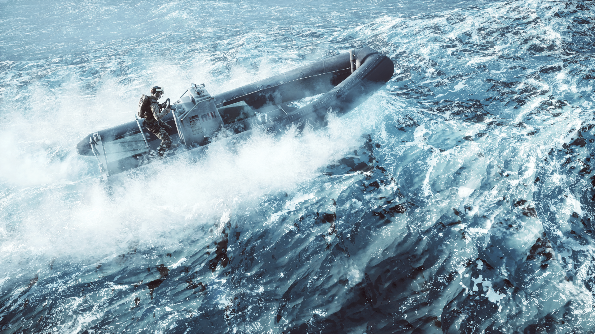 Battlefield 4 video game 5K Ultra HD PC desktop wallpaper: soldier in inflatable boat charging through choppy, spray-lashed ocean under dramatic lighting.