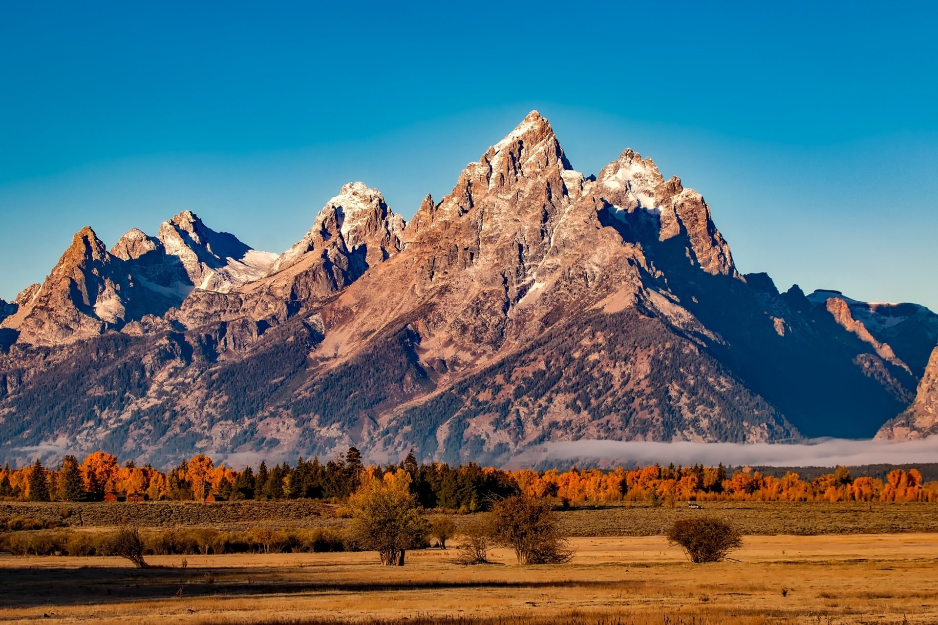HD desktop wallpaper showcasing the majestic peaks of Grand Teton National Park in fall, with vibrant autumn trees and clear blue sky framing the iconic mountain landscape in the USA.