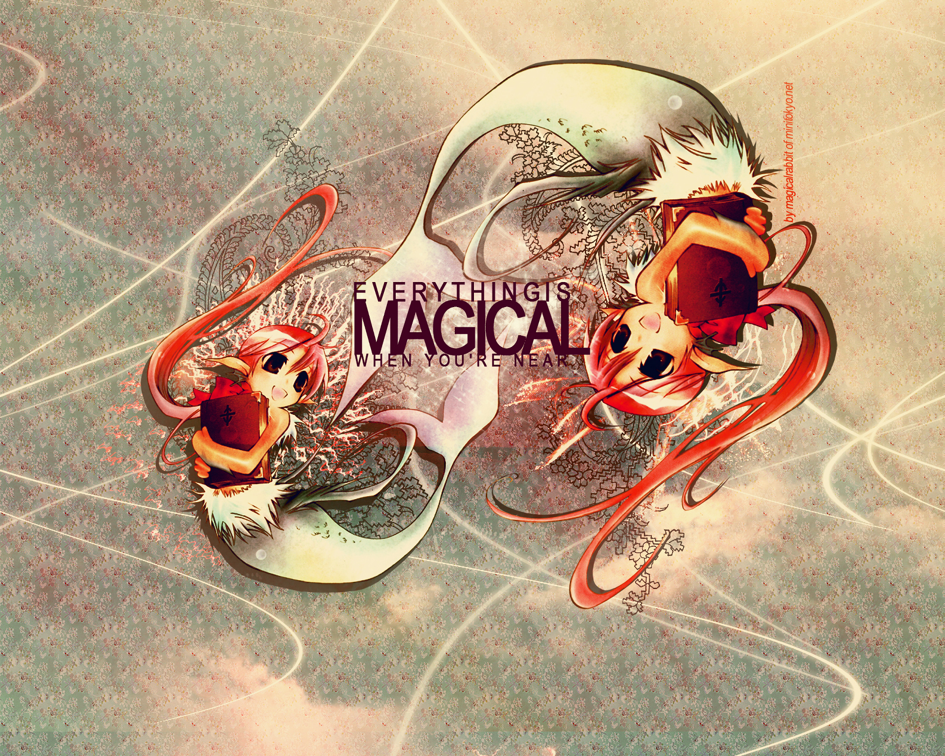 HD PC desktop wallpaper: 07 Ghost anime art with mirrored red-haired figures, swirling ribbons and ornate patterns around text Everything is Magical on a textured pastel background.