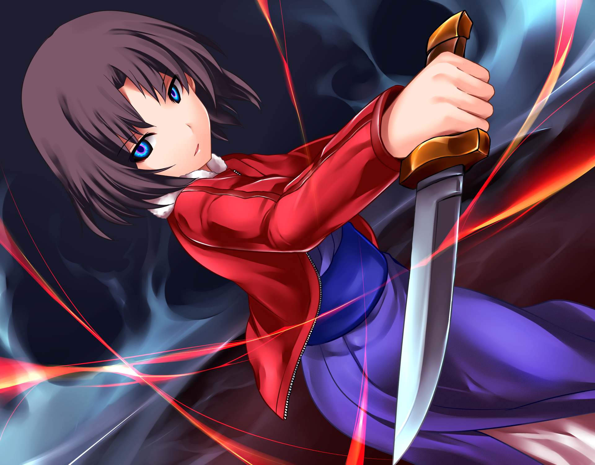 HD PC desktop wallpaper featuring a character from the anime The Garden of Sinners, wielding a knife with intense blue eyes and dynamic red and blue lighting effects.