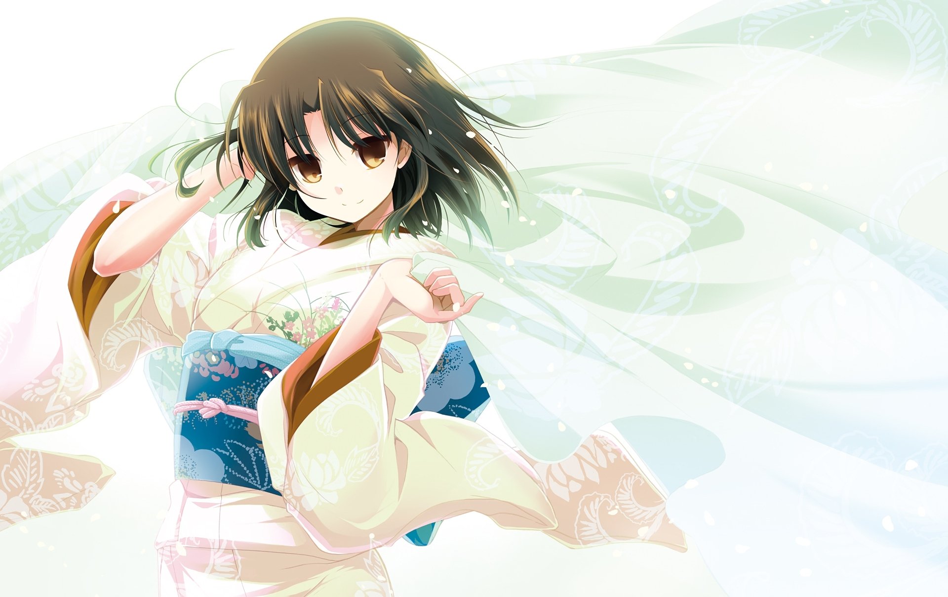 Anime-style HD desktop wallpaper featuring a character from The Garden of Sinners wearing a traditional kimono against a light, ethereal background.