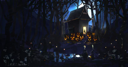 A spooky Halloween scene featuring a dark forest at night, a house silhouetted against the moon, and glowing jack-o'-lanterns illuminated among the trees.