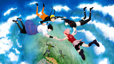 Anime characters Yamato, Kakashi Hatake, Sai, Sasuke Uchiha, Sakura Haruno, and Naruto Uzumaki from Naruto are depicted skydiving in a high-definition desktop wallpaper background.
