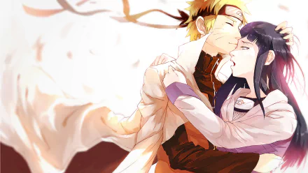 Hinata Hyuga and Naruto Uzumaki embrace in a romantic scene from the anime Naruto, set against a soft, colorful background, creating an engaging HD desktop wallpaper.