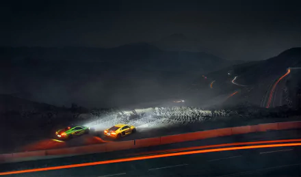 A striking night scene features a yellow McLaren 570S and a green supercar, illuminated against a dark landscape with trails of light from passing vehicles.