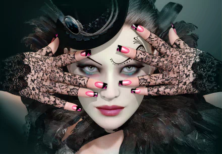 A gothic fantasy woman with striking blue eyes wears a black hat and lace gloves, showcasing elegantly manicured nails against a dramatic backdrop. HD desktop wallpaper.