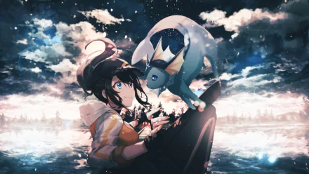 A colorful HD desktop wallpaper featuring a character from Pokemon Go interacting with a Vaporeon against a scenic, starry night backdrop.