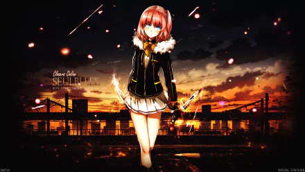 A stunning HD wallpaper featuring a character from the video game Closers, set against a dramatic sunset backdrop with dynamic lighting and vibrant colors.