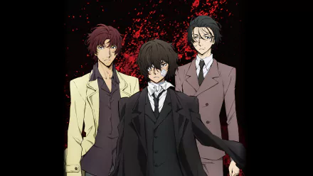 An HD desktop wallpaper featuring Osamu Dazai, Sakunosuke Oda, and Ango Sakaguchi from the anime Bungou Stray Dogs, with a dark red splattered background.