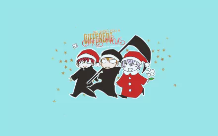HD PC desktop wallpaper: chibi 07 Ghost anime trio in black robes and red Santa hats on a bright turquoise background sprinkled with stars.
