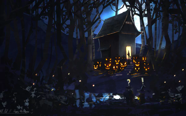 A spooky Halloween scene featuring a dark forest at night, a house silhouetted against the moon, and glowing jack-o'-lanterns illuminated among the trees.