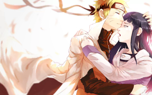 Hinata Hyuga and Naruto Uzumaki embrace in a romantic scene from the anime Naruto, set against a soft, colorful background, creating an engaging HD desktop wallpaper.