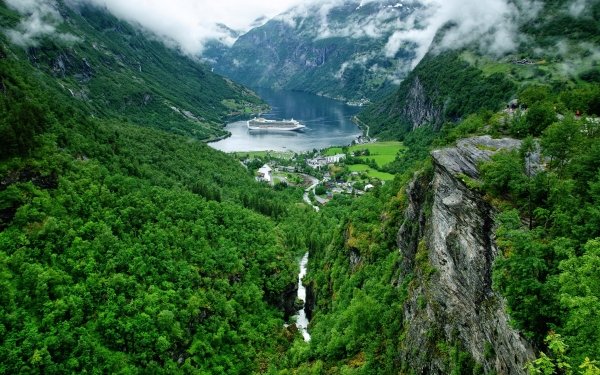 Earth Fjord Waterfall Forest River Cloud Mountain Cruise Ship HD Wallpaper | Background Image