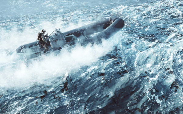Battlefield 4 video game 5K Ultra HD PC desktop wallpaper: soldier in inflatable boat charging through choppy, spray-lashed ocean under dramatic lighting.