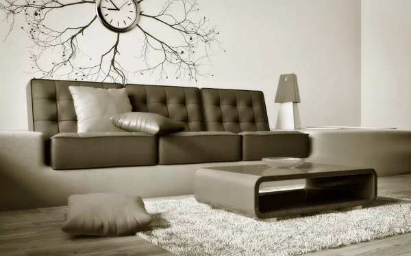 8K Ultra HD PC desktop wallpaper: minimalist living room with tufted sofa, low coffee table, shag rug and wall clock with branch decal, neutral sepia tones.