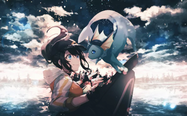 A colorful HD desktop wallpaper featuring a character from Pokemon Go interacting with a Vaporeon against a scenic, starry night backdrop.