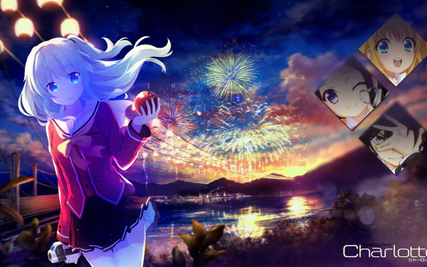 A vibrant HD wallpaper featuring characters Yusa Nishimori, Ayumi Otosaka, Yū Otosaka, and Nao Tomori from the anime Charlotte, set against a stunning fireworks display.