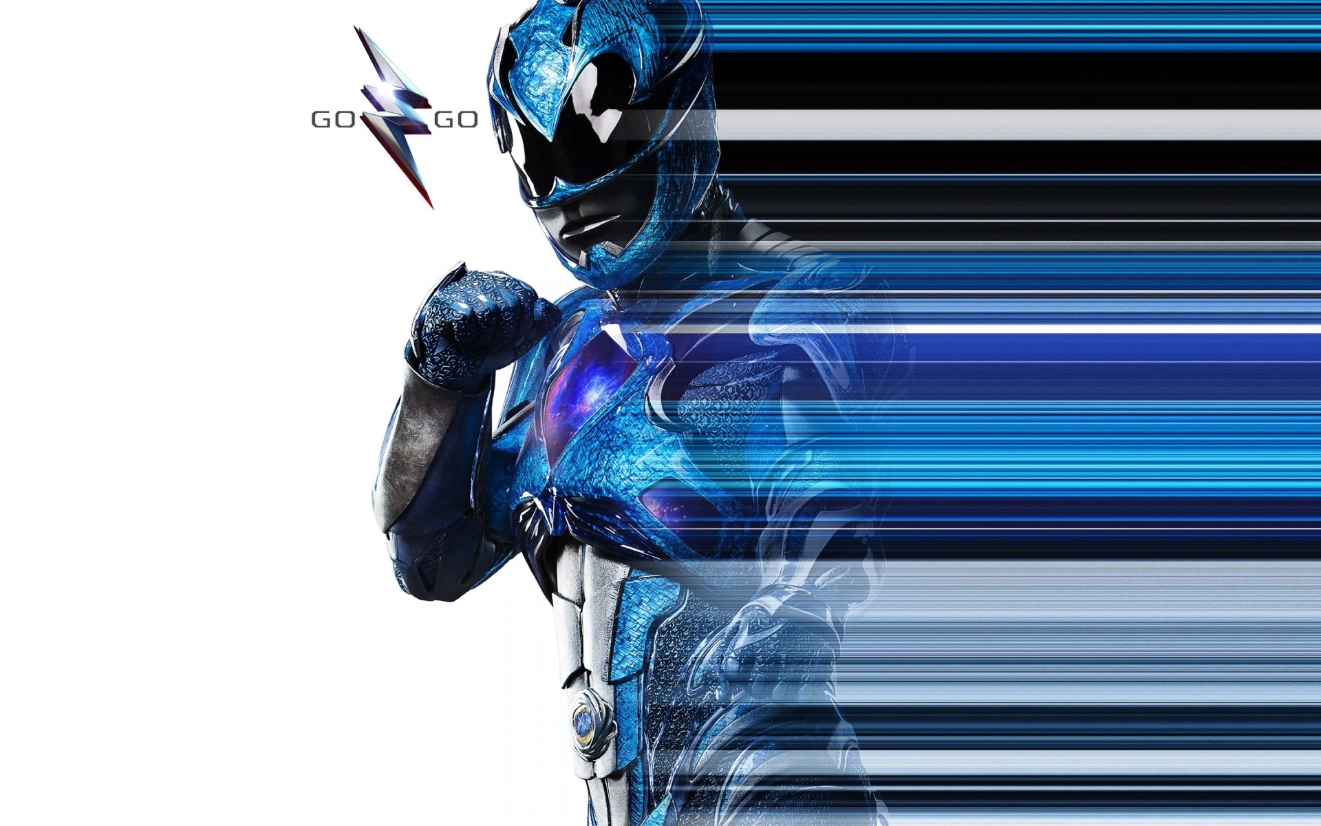 The image features the Blue Ranger from the 2017 Power Rangers movie, depicted in a dynamic pose against a vibrant striped background, showcasing a bold HD aesthetic.