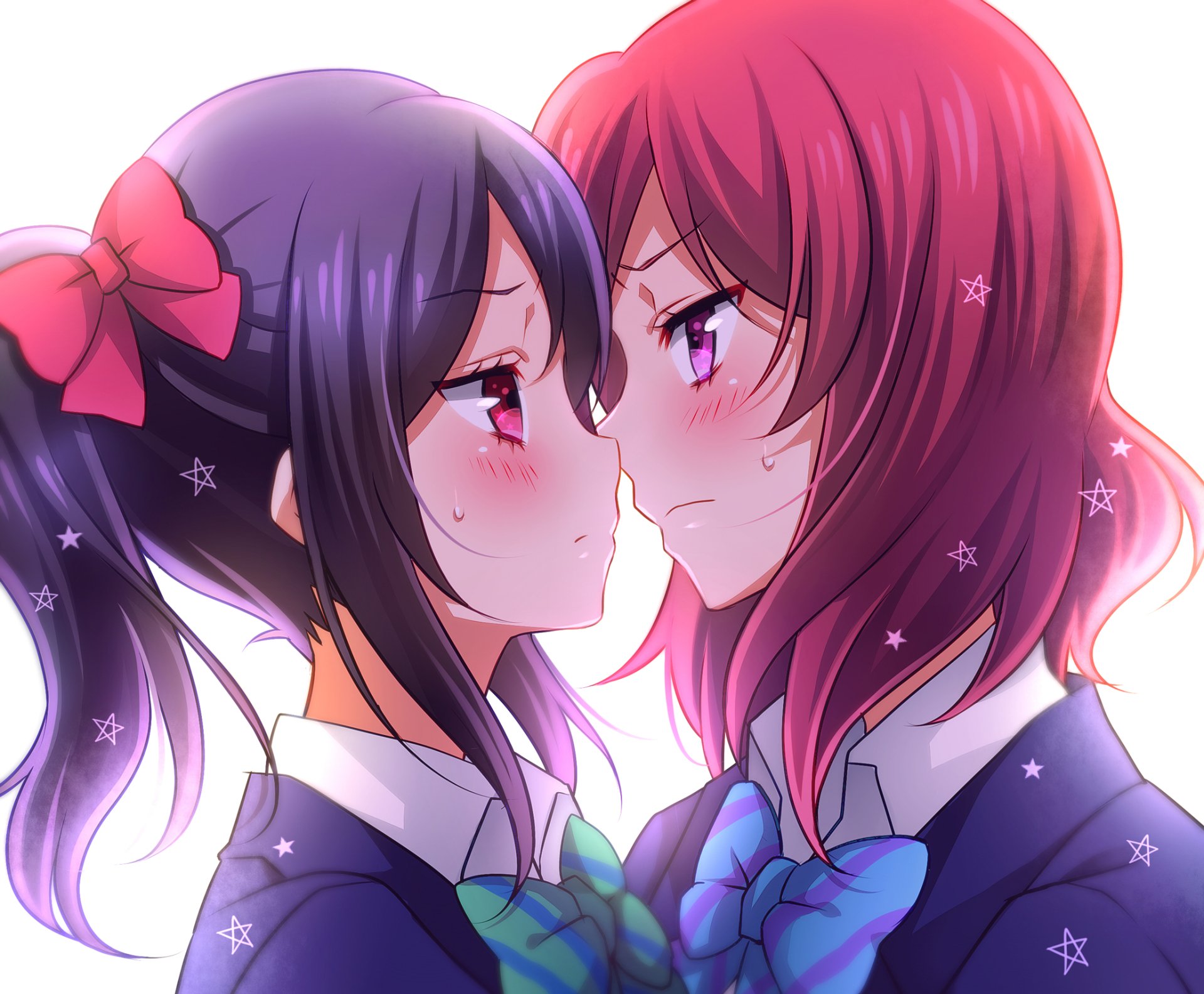 HD anime wallpaper featuring Maki Nishikino and Nico Yazawa from Love Live!, showcasing a close, intense moment between the two characters.