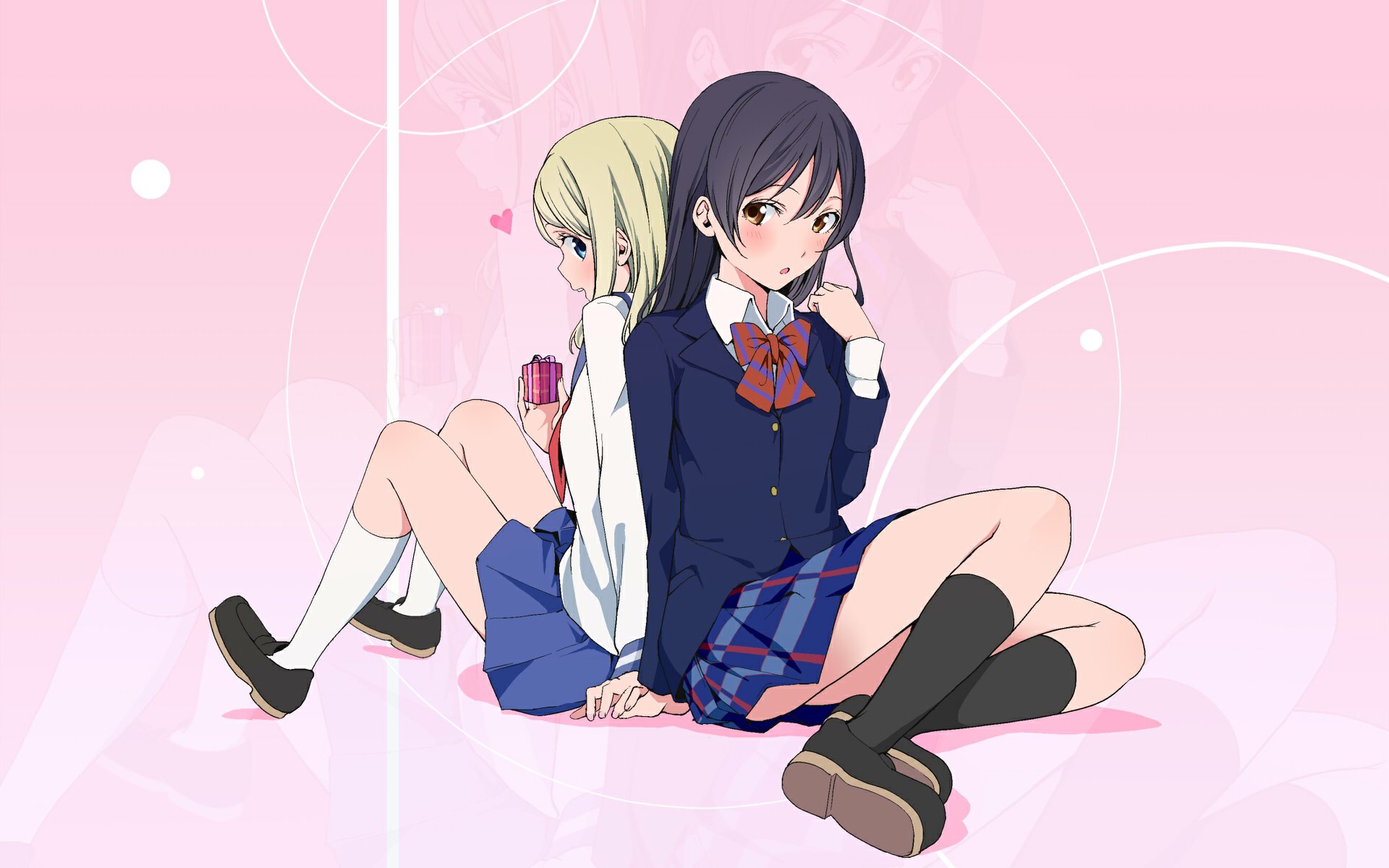 HD PC desktop wallpaper featuring anime characters Alisa Ayase and Umi Sonoda from Love Live! against a soft pink background with geometric accents.