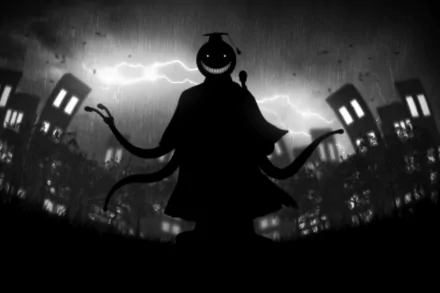 HD desktop wallpaper of Koro-sensei from Assassination Classroom. The image shows his silhouette against a stormy backdrop with lightning and city buildings, creating a dramatic and intense scene.