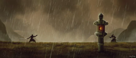 A fantasy samurai warrior in the rain, poised for battle near a glowing stone lantern, set against a dark, stormy landscape in HD.