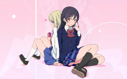 HD PC desktop wallpaper featuring anime characters Alisa Ayase and Umi Sonoda from Love Live! against a soft pink background with geometric accents.