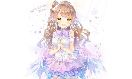 HD anime desktop wallpaper featuring Kotori Minami from Love Live! in a pastel purple dress with wings, softly smiling against a light background with birthday text.