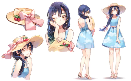 HD PC desktop wallpaper featuring Umi Sonoda from Love Live! in a blue dress and wide-brimmed hat with a pink ribbon and strawberries, shown in multiple poses.